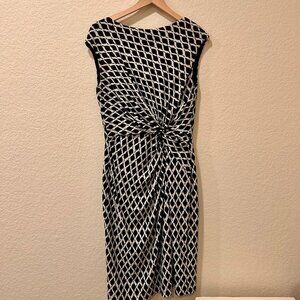 Lauren Ralph Lauren Black White Twist Front Dress Abstract Flattering Size 14